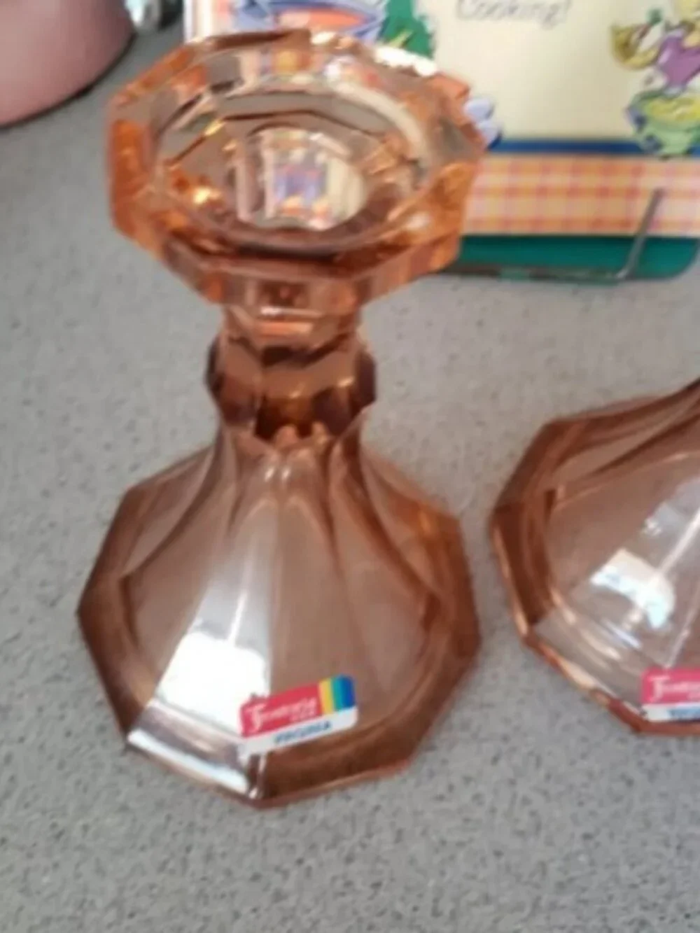 2 Peach Vintage FOSTORIA GLASS Heavy Pressed Glass CANDLESTICK HOLDERS